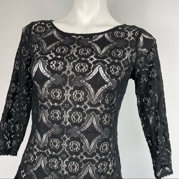 Free People Walking to the Sun Black Lace Mini Dress 0 Ruffle Sheer Tunic Top - Picture 5 of 16